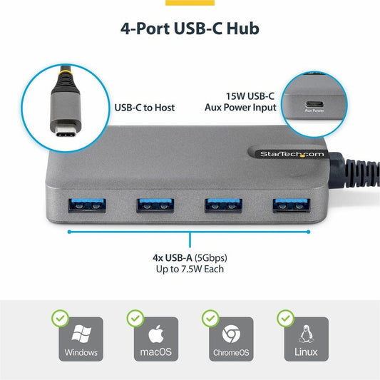 StarTech.com 4-Port USB-C Hub with 5Gbps Data Transfer and Auxiliary Power