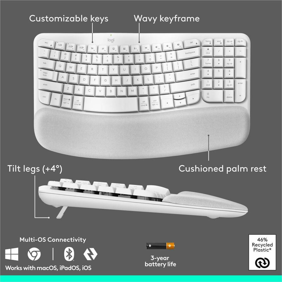 Logitech Wave Keys & Lift Vertical Mouse Combo – Ergonomic Wireless Keyboard and Mouse Set with Cushioned Palm Rest for Comfortable Workstations