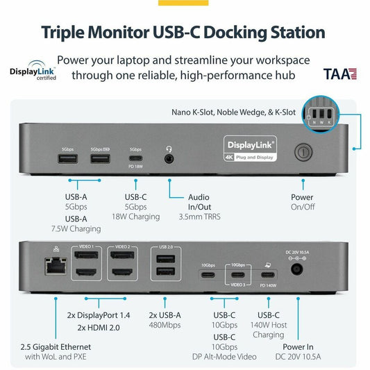 StarTech.com Triple-Monitor USB-C Docking Station with 140W Laptop Charging for MacBook Pro & Windows - 4K 60Hz, Space Gray