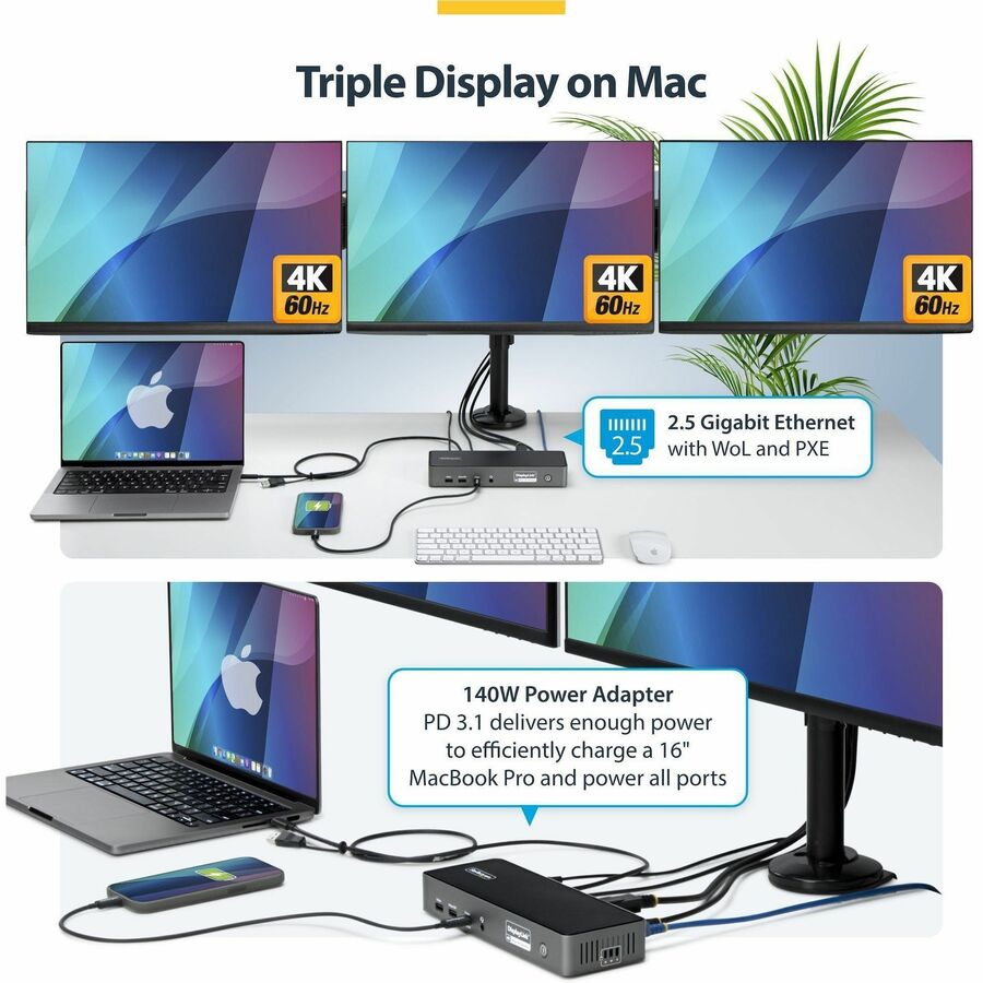 StarTech.com Triple-Monitor USB-C Docking Station with 140W Laptop Charging for MacBook Pro & Windows - 4K 60Hz, Space Gray