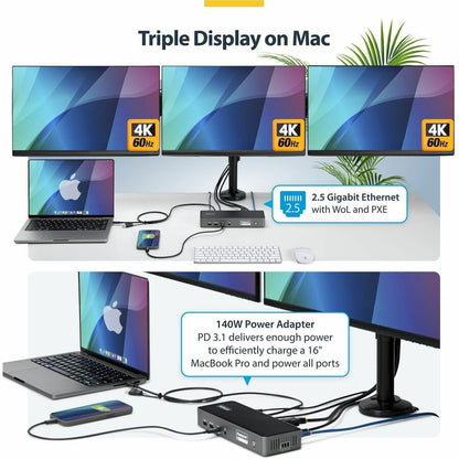 StarTech.com Triple-Monitor USB-C Docking Station with 140W Laptop Charging for MacBook Pro & Windows - 4K 60Hz, Space Gray