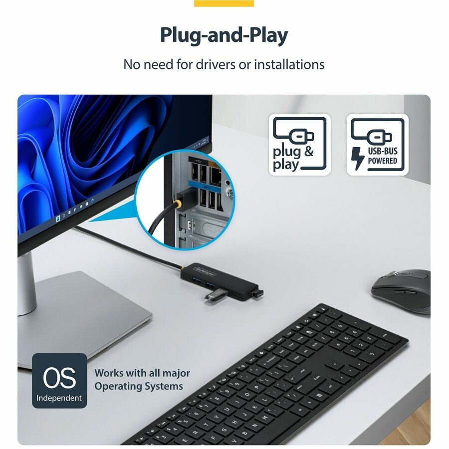 StarTech.com 4-Port USB-A Hub (Part H5A4A-USB-HUB-2) – 5Gbps, Bus-Powered, Compact Portable Design with 2ft Cable