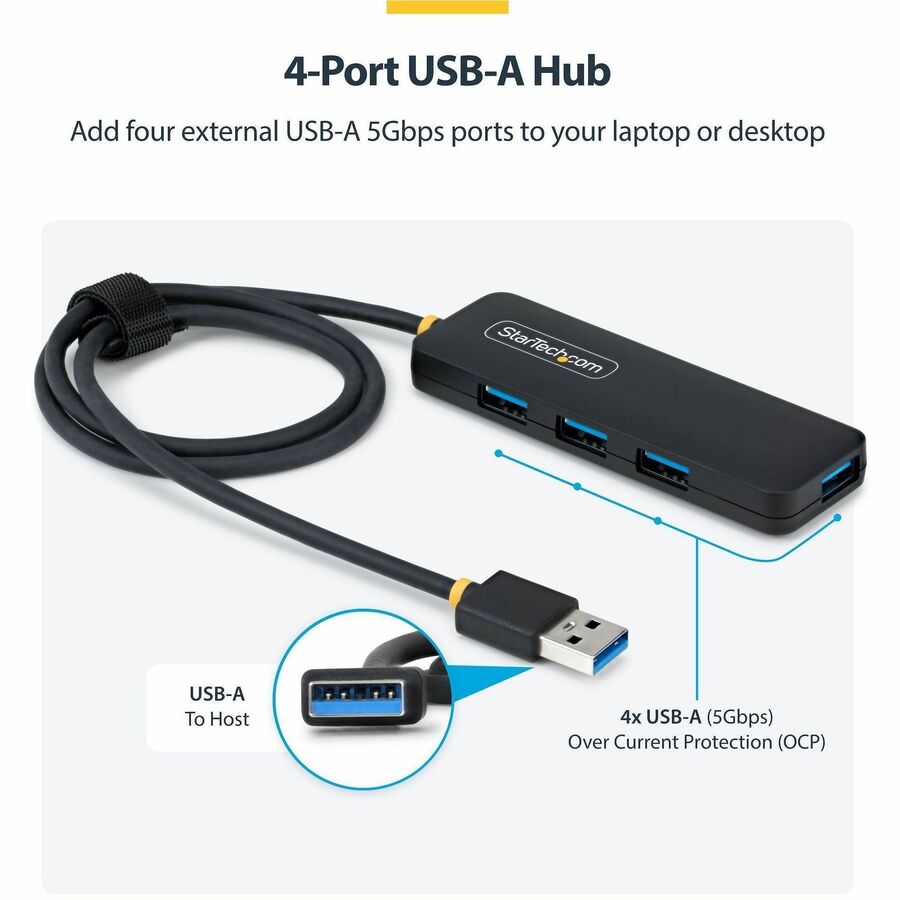 StarTech.com 4-Port USB-A Hub (Part H5A4A-USB-HUB-2) – 5Gbps, Bus-Powered, Compact Portable Design with 2ft Cable