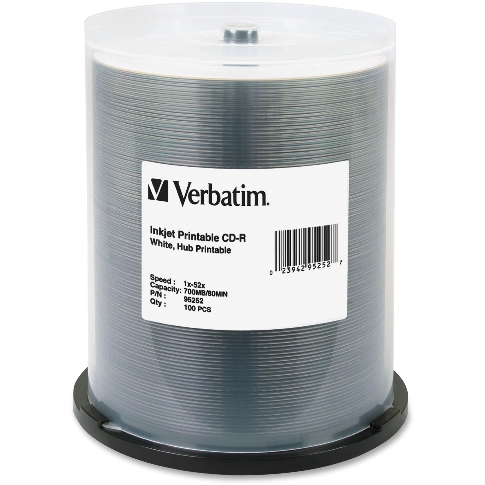 Verbatim America, LLC CD-R 700MB 52X White Inkjet Printable, Hub Printable - 100 Pack Spindle
