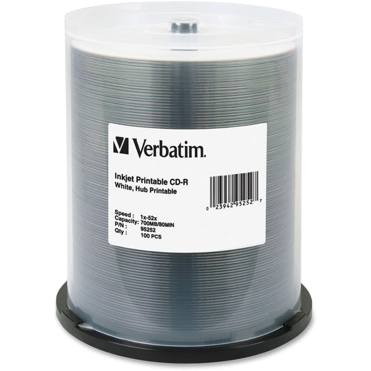 Verbatim America, LLC CD-R 700MB 52X White Inkjet Printable, Hub Printable - 100 Pack Spindle