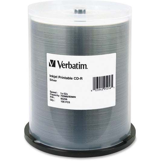 Verbatim CD-R 700MB 52X Silver Inkjet Printable – 100 Pack Spindle