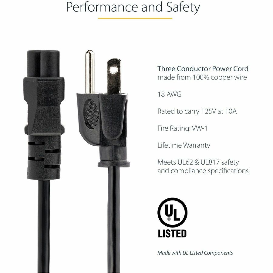 StarTech.com 6 ft Laptop Power Cord NEMA 5-15P to C5 - Reliable 125V AC Replacement for HP, Toshiba, and More