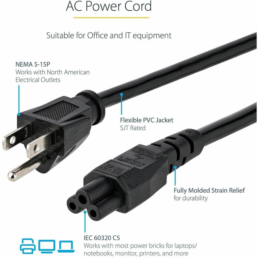 StarTech.com 6 ft Laptop Power Cord NEMA 5-15P to C5 - Reliable 125V AC Replacement for HP, Toshiba, and More