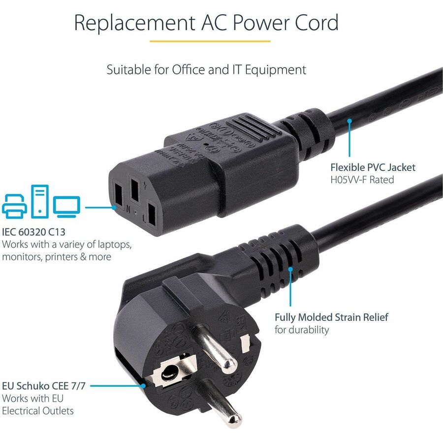StarTech.com 6 ft European Power Cord with Schuko CEE7 Plug and IEC C13 Connector