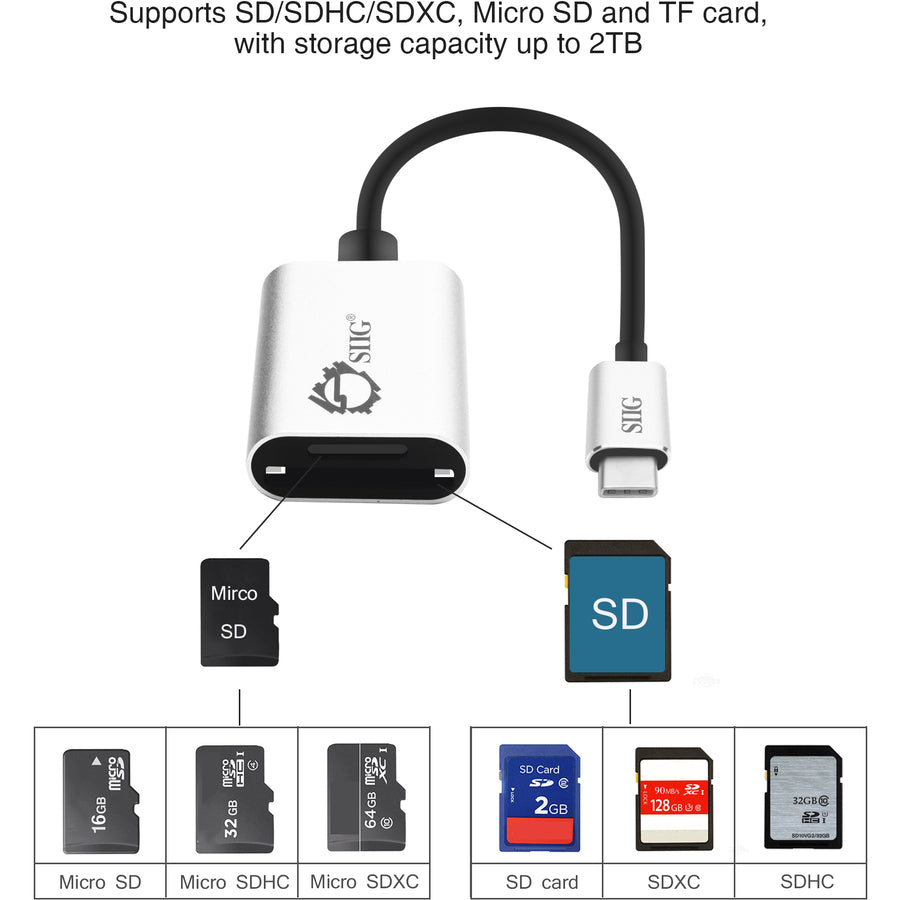 SIIG USB-C 2-in-1 Card Reader for SD & Micro SD - Silver