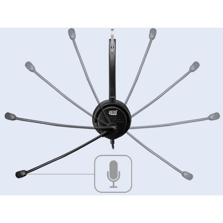 Adesso USB Single-Sided Headset with Adjustable Microphone- Noise Cancelling- Mono - USB - Wired - Over-the-head - 6 ft Cable -, Omni-directional Microphone - Black