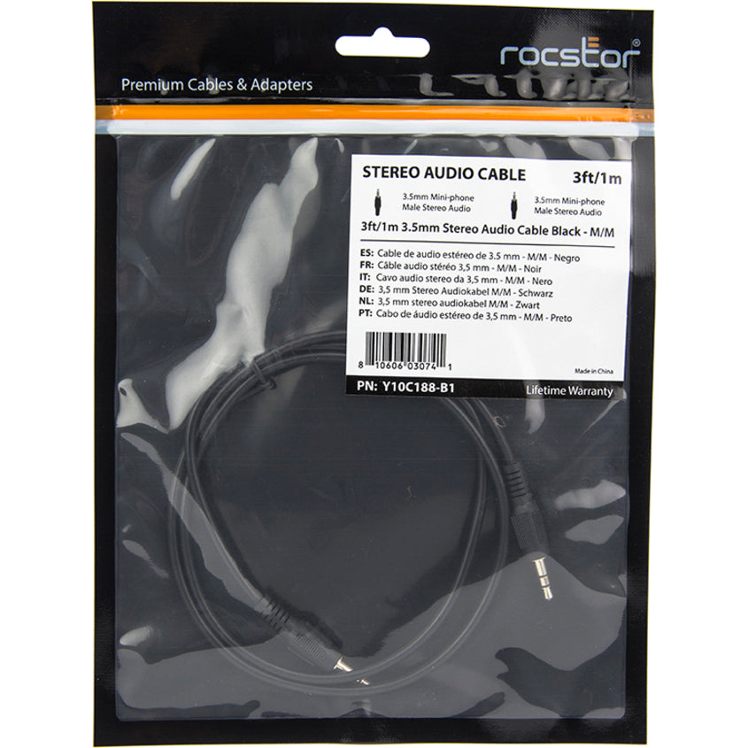 Rocstor Premium Slim 3.5mm Stereo Audio Cable 3 ft - M/M - Mini-phone Male Stereo Audio - Mini-phone Male Stereo Audio Male to Male- 1m - Black - For Smartphone, Mobile Phones, iPhone (with Headphone Jack), iPod AND MP3 PLAYER