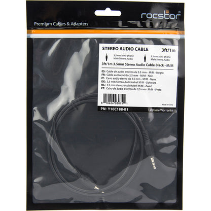 Rocstor Premium Slim 3.5mm Stereo Audio Cable 3 ft - M/M - Mini-phone Male Stereo Audio - Mini-phone Male Stereo Audio Male to Male- 1m - Black - For Smartphone, Mobile Phones, iPhone (with Headphone Jack), iPod AND MP3 PLAYER