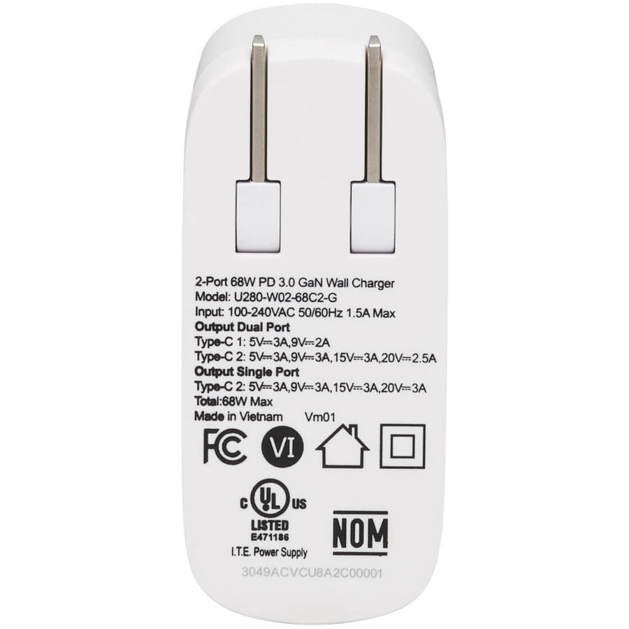 Tripp Lite USB C Wall Charger 2-Port Compact Gan Technology 68W PD3.0 White