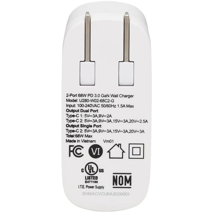 Tripp Lite USB C Wall Charger 2-Port Compact Gan Technology 68W PD3.0 White