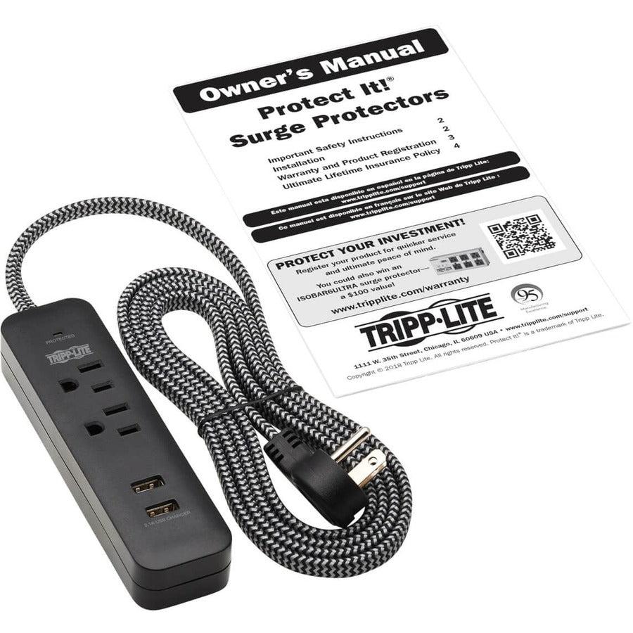 Tripp Lite Surge Protector Power Strip 2-Outlet with 2 USB Ports 2.1A 6ft Cord