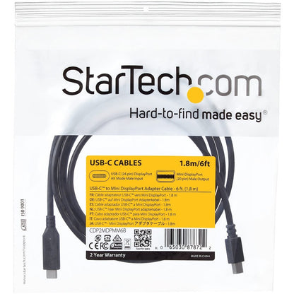 StarTech.com 6 ft. / 1.8 m USB-C to Mini DisplayPort Cable - 4K 60Hz - Black - USB 3.1 Type-C to Mini DP Adapter Cable - mDP Cable