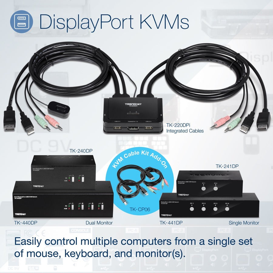 TRENDnet 2-Port Dual Monitor DisplayPort KVM Switch With Audio, 2-Port USB 2.0 Hub, 4K UHD Resolutions Up To 3840 x 2160, Connect Two DisplayPort Monitors, Dual Monitor KVM Switch, Black, TK-240DP