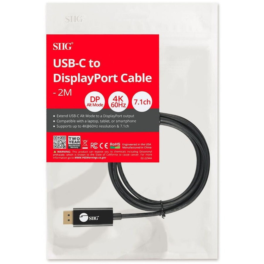 SIIG USB-C to DisplayPort Active Cable 4K 60Hz HDR - 2M