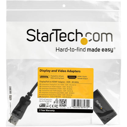 StarTech.com DisplayPort to HDMI Adapter, 4K 60Hz HDR10 Active DisplayPort 1.4 to HDMI 2.0b Converter, Latching DP Connector, DP to HDMI
