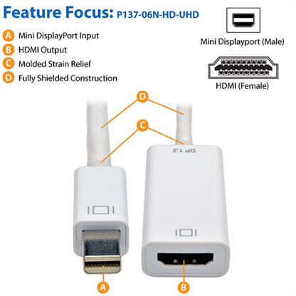 Tripp Lite 6in Mini DisplayPort to HDMI Active Adapter Converter mDP to HDMI 4K x 2K @ 24/30Hz M/F 6"