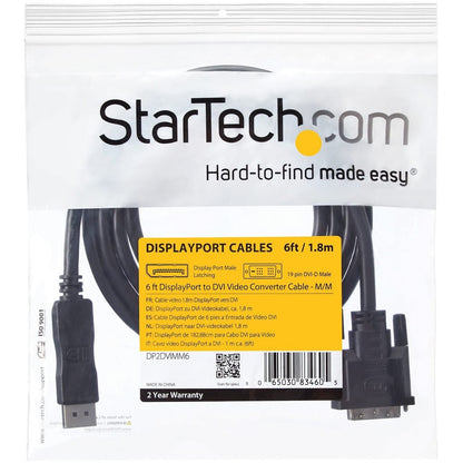 StarTech.com 6ft (1.8m) DisplayPort to DVI Cable, DisplayPort to DVI-D Adapter Cable, 1080p Video, DP 1.2 to DVI Monitor Converter Cable