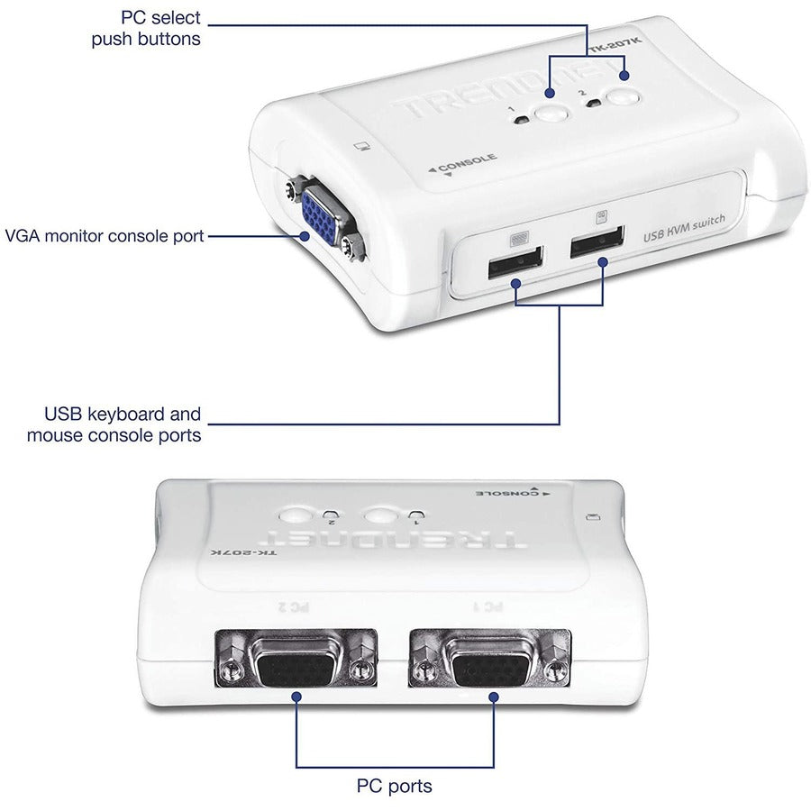 TRENDnet 2-Port USB KVM Switch And Cable Kit, 2048 x 1536 Resolution, Device Monitoring, Auto-Scan, Audible Feedback, USB 1.1, Compliant With Windows And Linux, Hot-Pluggable, White, TK-207K