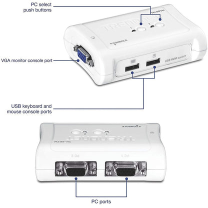 TRENDnet 2-Port USB KVM Switch And Cable Kit, 2048 x 1536 Resolution, Device Monitoring, Auto-Scan, Audible Feedback, USB 1.1, Compliant With Windows And Linux, Hot-Pluggable, White, TK-207K