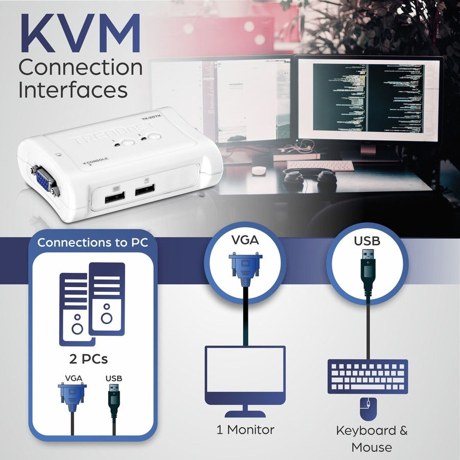 TRENDnet 2-Port USB KVM Switch And Cable Kit, 2048 x 1536 Resolution, Device Monitoring, Auto-Scan, Audible Feedback, USB 1.1, Compliant With Windows And Linux, Hot-Pluggable, White, TK-207K