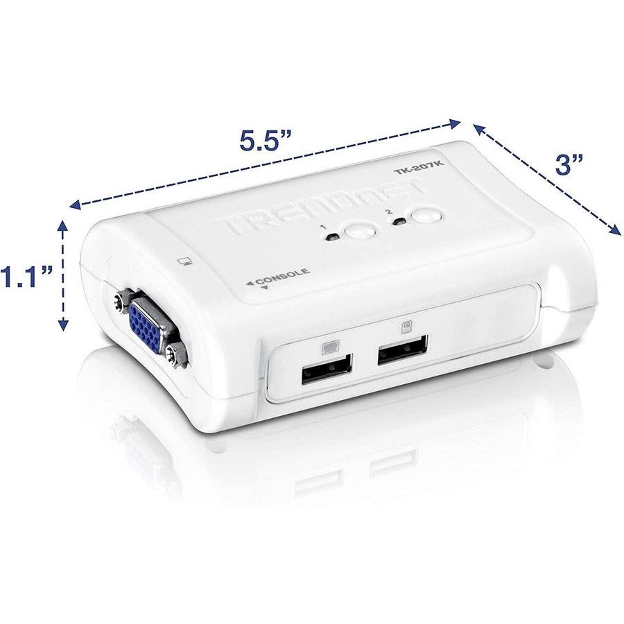 TRENDnet 2-Port USB KVM Switch And Cable Kit, 2048 x 1536 Resolution, Device Monitoring, Auto-Scan, Audible Feedback, USB 1.1, Compliant With Windows And Linux, Hot-Pluggable, White, TK-207K