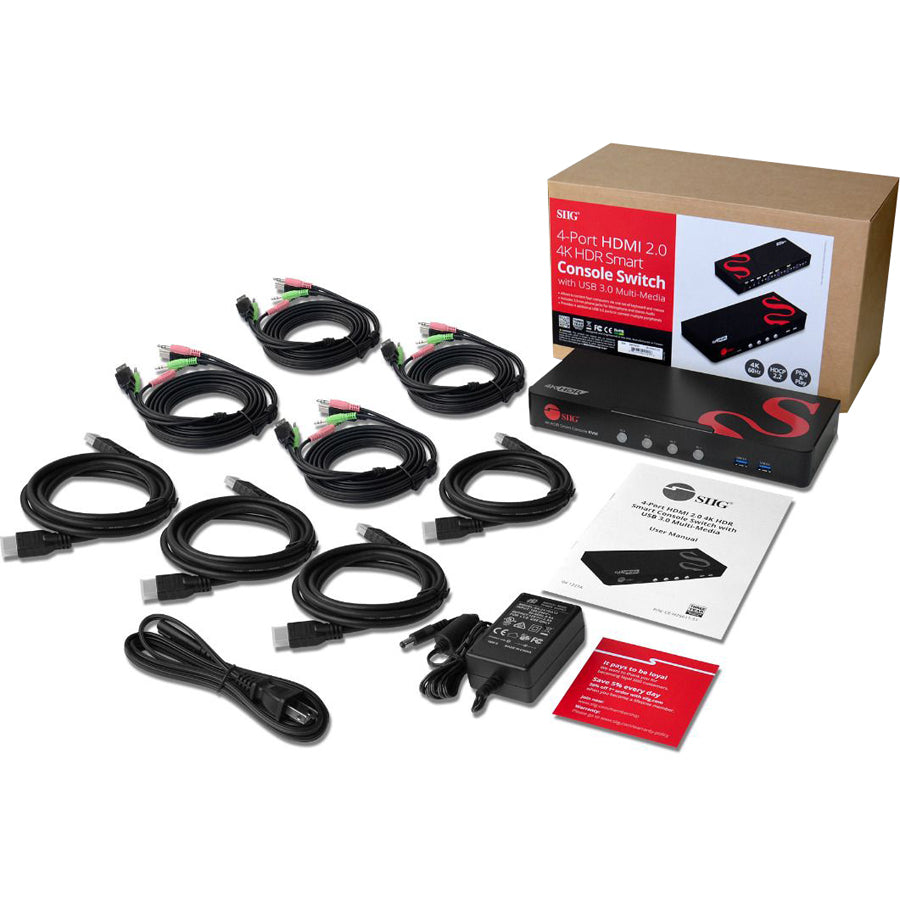 SIIG 4 Port 4K 60HZ HDMI KVM Switch with USB 3.0, Audio, Mic, HDMI 2.0a, HDR