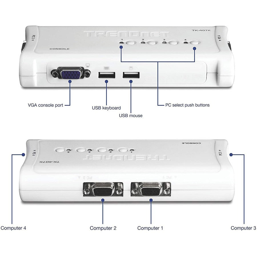 TRENDnet 4-Port USB KVM Switch Kit, VGA And USB Connections, 2048 x 1536 Resolution, Cabling Included, Control Up To 4 Computers, Compliant With Window, Linux, and Mac OS, White, TK-407K