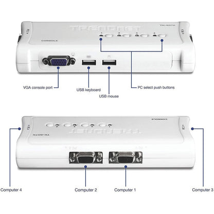 TRENDnet 4-Port USB KVM Switch Kit, VGA And USB Connections, 2048 x 1536 Resolution, Cabling Included, Control Up To 4 Computers, Compliant With Window, Linux, and Mac OS, White, TK-407K