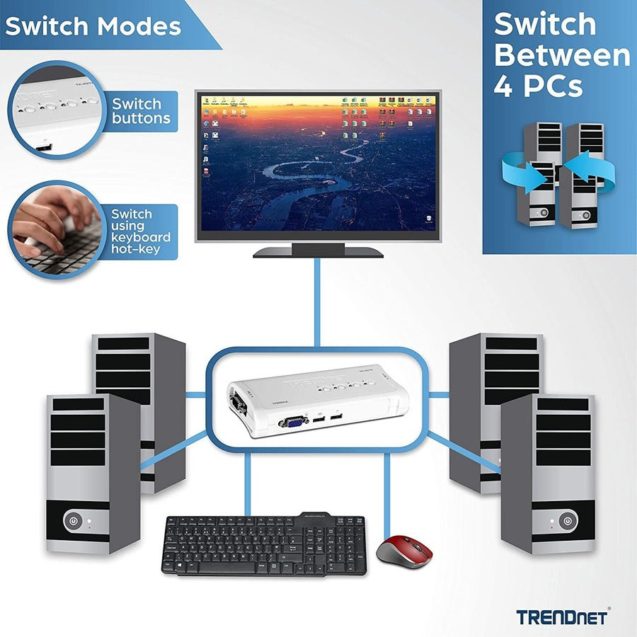 TRENDnet 4-Port USB KVM Switch Kit, VGA And USB Connections, 2048 x 1536 Resolution, Cabling Included, Control Up To 4 Computers, Compliant With Window, Linux, and Mac OS, White, TK-407K