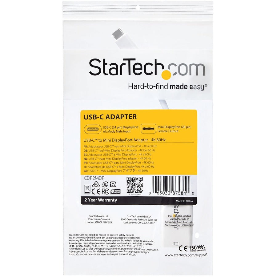 StarTech.com StarTech.com - USB-C to Mini DisplayPort Adapter - 4K 60Hz - White - USB Type-C to Mini DP Adapter - Thunderbolt 3 Compatible