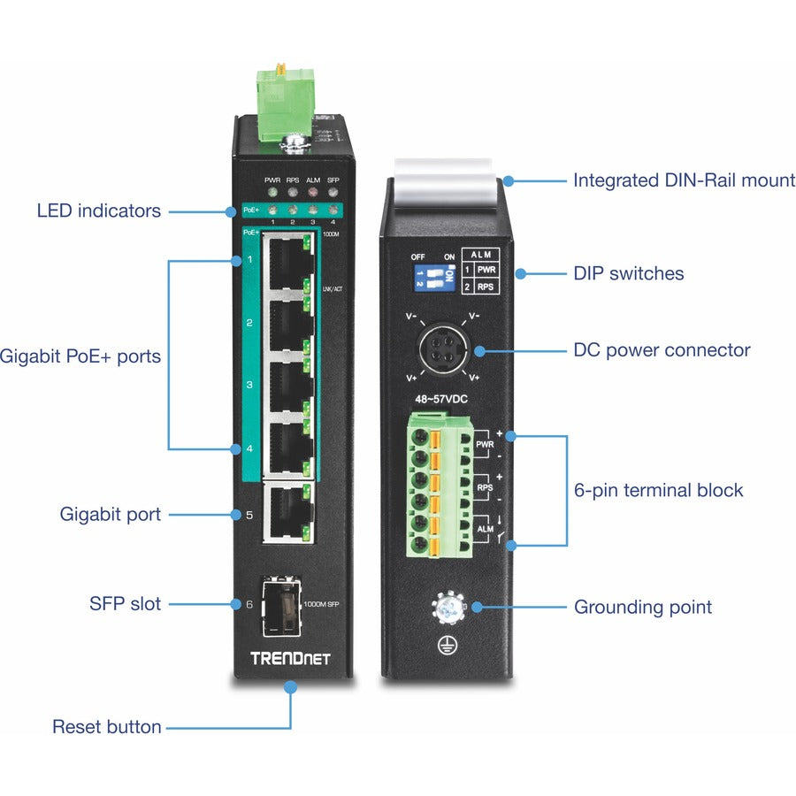 TRENDnet 6-Port Hardened Industrial Gigabit Poe+ Layer 2 Managed DIN-Rail Switch, 4 x Gigabit PoE+ 802.3at Ports, 1 x Gigabit Port, 1 x Gigabit SFP Slot, 120W Power Budget, Black, TI-PG541i