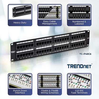 TRENDnet 48-Port Cat6 Unshielded Patch Panel, Wallmount Or Rackmount, Compatible With Cat3,4,5,5e,6 Cabling, For Ethernet, Fast Ethernet, Gigabit Applications, Black, TC-P48C6