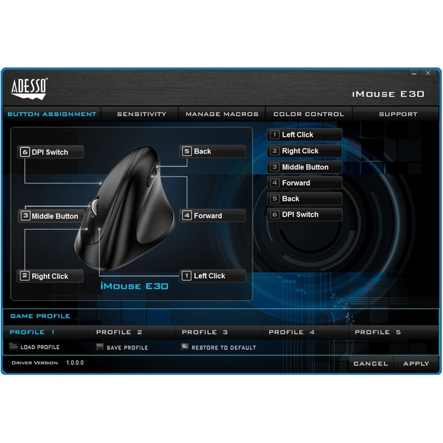 Adesso iMouse E30 - 2.4 GHz Wireless Vertical Programmable Mouse