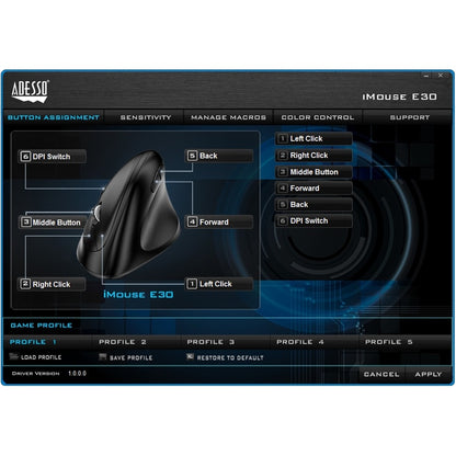 Adesso iMouse E30 - 2.4 GHz Wireless Vertical Programmable Mouse