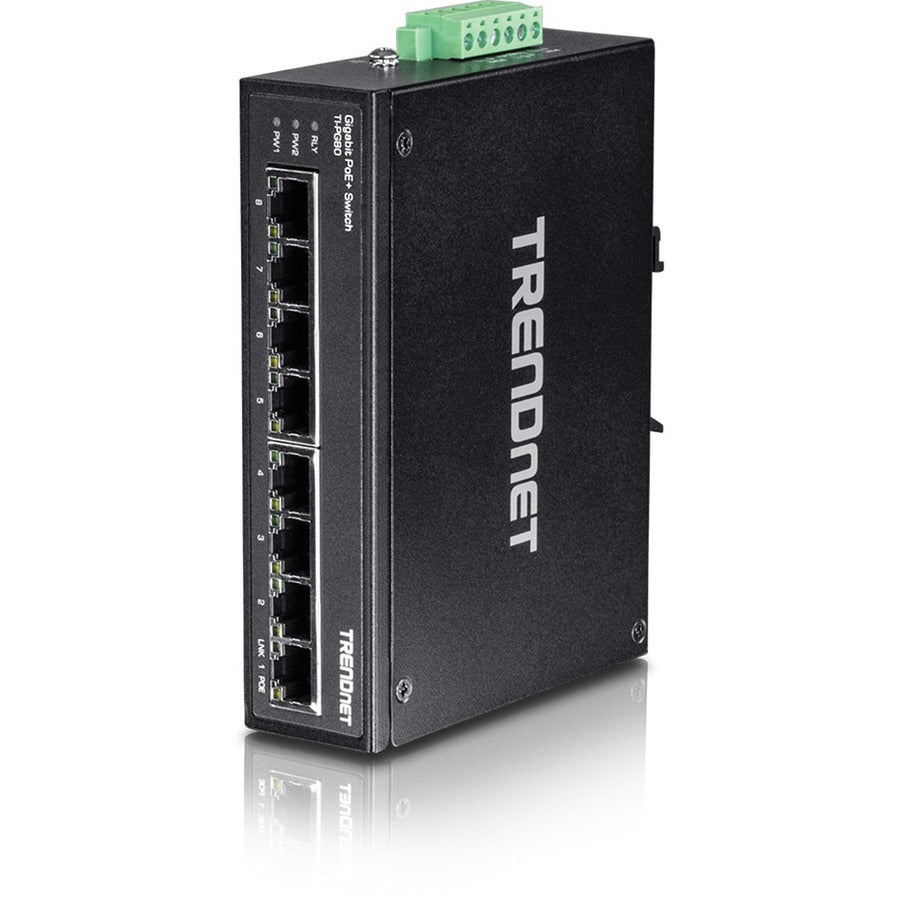 TRENDnet 8-Port Hardened Industrial Unmanaged Gigabit PoE+ DIN-Rail Switch, 200W Full PoE+ Power Budget, 16 Gbps Switching Capacity, IP30 Rated Network Switch, Lifetime Protection, Black, TI-PG80