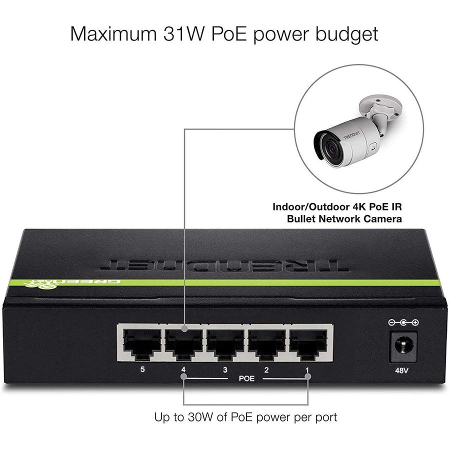 TRENDnet 5-Port Gigabit PoE+ Switch, 31 W PoE Budget, 10 Gbps Switching Capacity, Data & Power Through Ethernet To PoE Access Points And IP Cameras, Full & Half Duplex, Black, TPE-TG50g