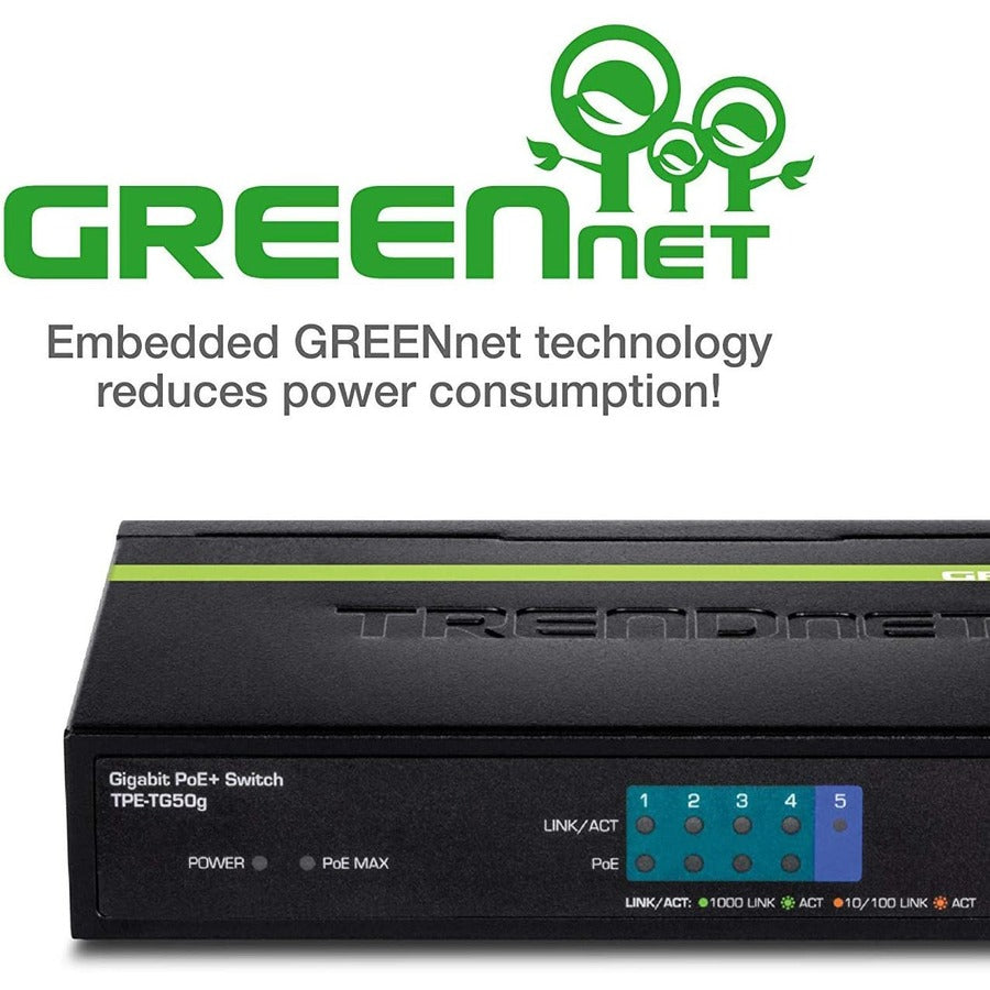 TRENDnet 5-Port Gigabit PoE+ Switch, 31 W PoE Budget, 10 Gbps Switching Capacity, Data & Power Through Ethernet To PoE Access Points And IP Cameras, Full & Half Duplex, Black, TPE-TG50g