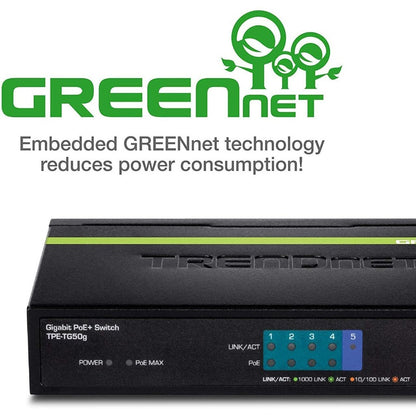 TRENDnet 5-Port Gigabit PoE+ Switch, 31 W PoE Budget, 10 Gbps Switching Capacity, Data & Power Through Ethernet To PoE Access Points And IP Cameras, Full & Half Duplex, Black, TPE-TG50g