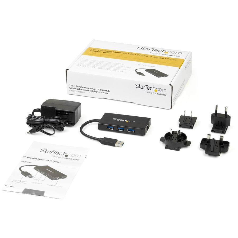 StarTech.com 3 Port Portable USB 3.0 Hub with Gigabit Ethernet Adapter NIC - Aluminum w/ Cable