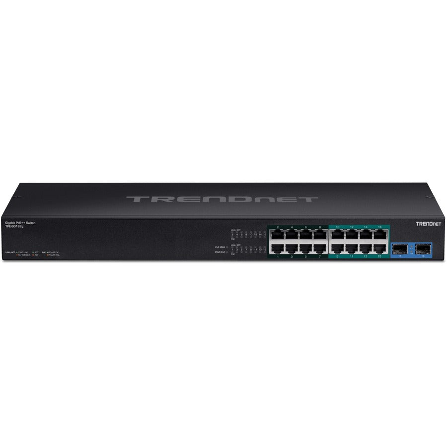 TRENDnet TPE-BG182g, 18-Port Gigabit 470W PoE++ Switch with 8 x 95W PoE++ Ports, 8 x 30W PoE+ Ports, 2 Gigabit SFP Slots,470W PoE Budget, 1U 19" Rack Mountable