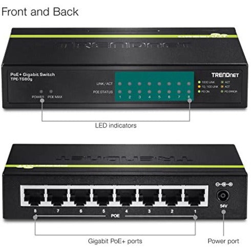 TRENDnet 8-Port Gigabit PoE+ Switch, 8 x Gigabit PoE+ Ports, 123W PoE Power Budget, 16 Gbps Switching Capacity, Desktop Switch, Ethernet Network Switch, Metal, Lifetime Protection, Black, TPE-TG80G