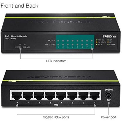 TRENDnet 8-Port Gigabit PoE+ Switch, 8 x Gigabit PoE+ Ports, 123W PoE Power Budget, 16 Gbps Switching Capacity, Desktop Switch, Ethernet Network Switch, Metal, Lifetime Protection, Black, TPE-TG80G