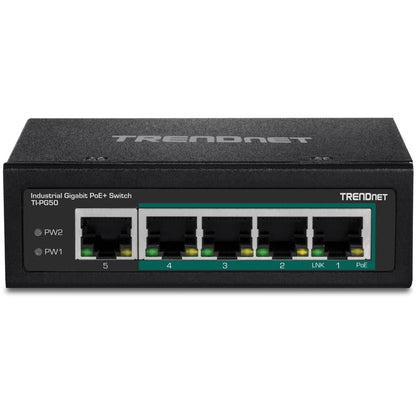TRENDnet 5-Port Hardened Industrial Unmanaged Gigabit Switch; TI-PG50; 10/100/1000Mbps; DIN-Rail Switch; 4 x Gigabit PoE+ Ports; 1 x Gigabit Port; Gigabit Ethernet Network Switch; Lifetime Protection