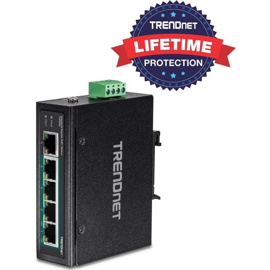 TRENDnet 5-Port Hardened Industrial Unmanaged Gigabit Switch; TI-PG50; 10/100/1000Mbps; DIN-Rail Switch; 4 x Gigabit PoE+ Ports; 1 x Gigabit Port; Gigabit Ethernet Network Switch; Lifetime Protection