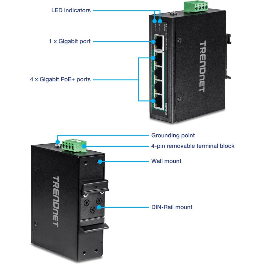 TRENDnet 5-Port Hardened Industrial Unmanaged Gigabit Switch; TI-PG50; 10/100/1000Mbps; DIN-Rail Switch; 4 x Gigabit PoE+ Ports; 1 x Gigabit Port; Gigabit Ethernet Network Switch; Lifetime Protection